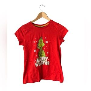 Kids Christmas MERRY WHATEVER Grinch Red T-Shirt Size 5-6 Girl Boy Short Sleeve